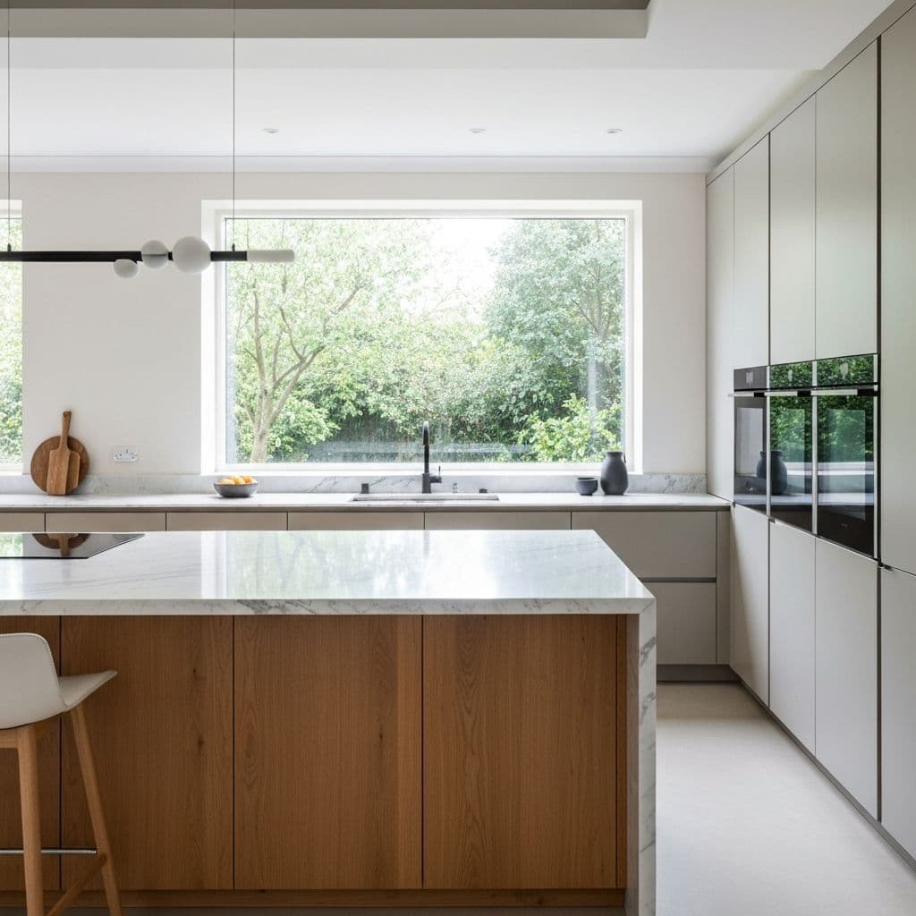 Luxury kitchen renovation with marble island and brass details